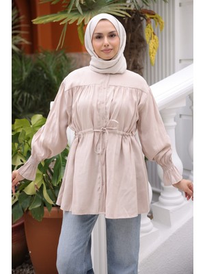 İmaj Butik Bej Düğmeli Kol Lastikli Bel Ip Bağlamalı Modal Dokuma Gömlek