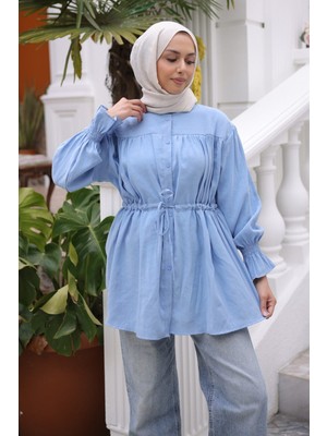 İmaj Butik Bebe Mavi Düğmeli Kol Lastikli Bel Ip Bağlamalı Modal Dokuma Gömlek