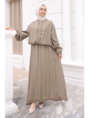 İmaj Butik Haki Kol Lastikli Fermuarlı Ceket Etekli Takım