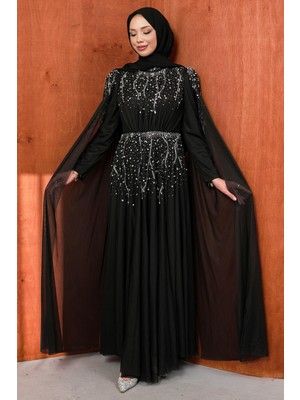 İmaj Butik Siyah Omuz Pelerinli Taşlı Abiye