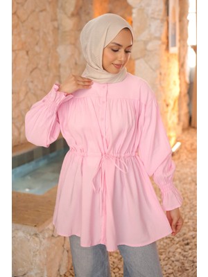 İmaj Butik Pembe Düğmeli Kol Lastikli Bel Ip Bağlamalı Modal Dokuma Gömlek