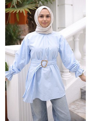 İmaj Butik Bebe Mavi Kol Lastikli Kemerli Gömlek