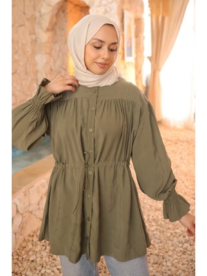 İmaj Butik Haki Düğmeli Kol Lastikli Bel Ip Bağlamalı Modal Dokuma Gömlek