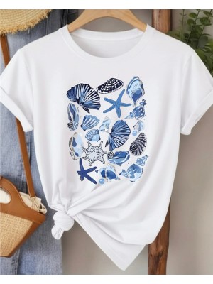 Nigrum Pardus Nıgrum Pardus Yeni Sezon Deniz Kabukları Baskılı %100 Pamuk Büyük Beden Kadın T-Shirt