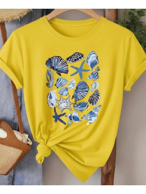 Nigrum Pardus Nıgrum Pardus Yeni Sezon Deniz Kabukları Baskılı %100 Pamuk Büyük Beden Kadın T-Shirt