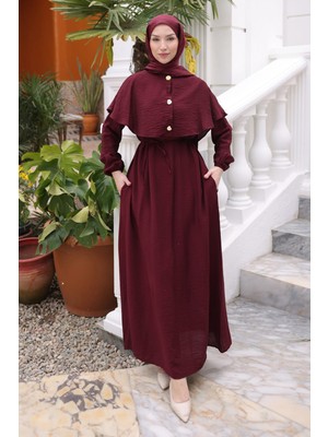 İmaj Butik Mürdüm Kol Lastikli Pelerinli Elbise
