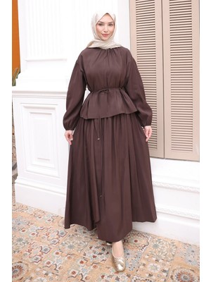 İmaj Butik Kahverengi Yaka Büzgülü Bel Bağlamalı Etekli Takım