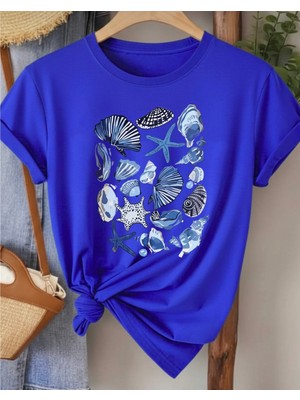 Nigrum Pardus Nıgrum Pardus Yeni Sezon Deniz Kabukları Baskılı %100 Pamuk Büyük Beden Kadın T-Shirt