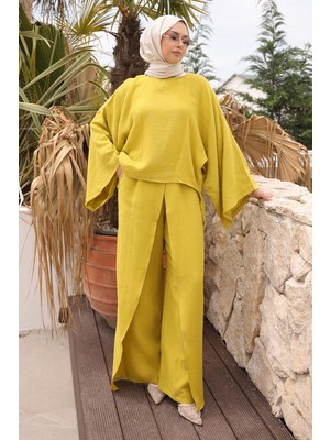 İmaj Butik Yağ Yeşili Yarasa Kol Bluz Pantolonlu Müslin Takım