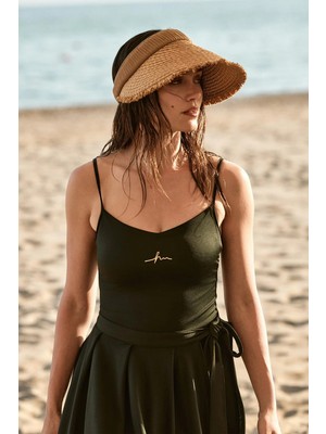 Haşema Parlak Kumaş Siyah 3 Parça Yarı Kapalı Mayo - Tulum Takımı 5053