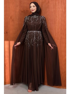 İmaj Butik Kahverengi Omuz Pelerinli Taşlı Abiye