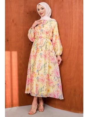 İmaj Butik Pudra Desenli Yaka Düğmeli Elbise