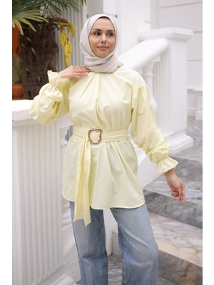 İmaj Butik Sarı Kol Lastikli Kemerli Gömlek