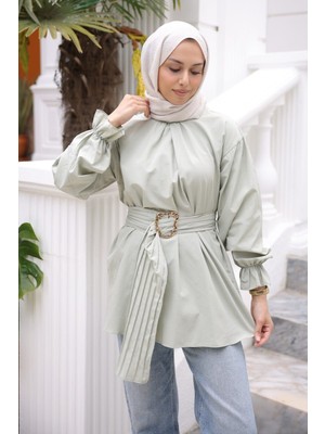 İmaj Butik Mint Yeşili Kol Lastikli Kemerli Gömlek