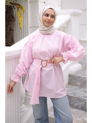İmaj Butik Pembe Kol Lastikli Kemerli Gömlek
