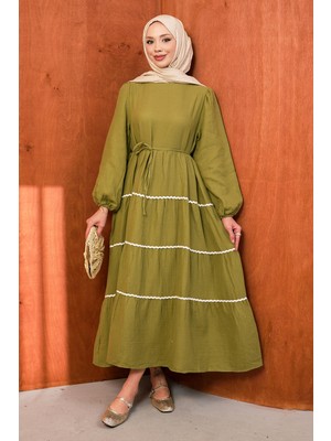 İmaj Butik Haki Biyeli Kol Lastikli Müslin Elbise
