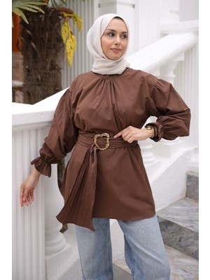İmaj Butik Kahverengi Kol Lastikli Kemerli Gömlek
