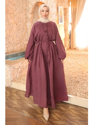 İmaj Butik Mürdüm Fiyonk Bağlamalı Nervür Detaylı Elbise