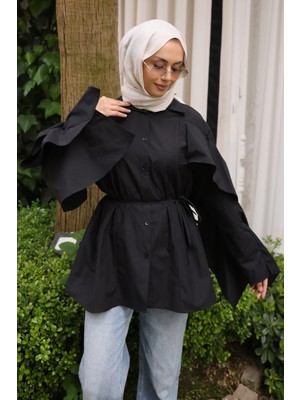 İmaj Butik Siyah Kolları Pelerinli Bel Bağlamalı Gömlek