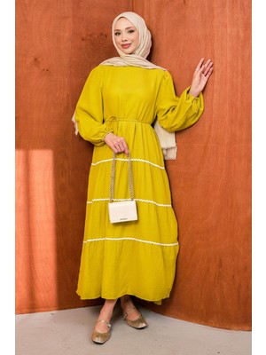 İmaj Butik Yağ Yeşili Biyeli Kol Lastikli Müslin Elbise
