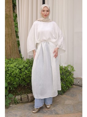 İmaj Butik Ekru Yırtmaçlı Bel Bağlamalı Tunik