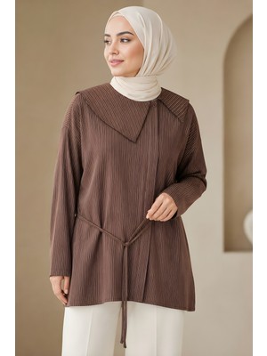 İmaj Butik Kahverengi Bağcıklı Çizgili Tunik