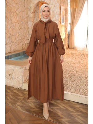 İmaj Butik Kahverengi Yaka Detaylı Bel Lastikli Elbise