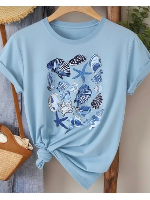 Nigrum Pardus Nıgrum Pardus Yeni Sezon Deniz Kabukları Baskılı %100 Pamuk Büyük Beden Kadın T-Shirt