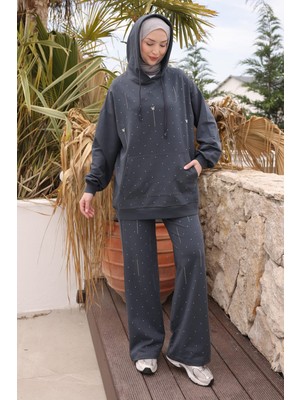 İmaj Butik Füme Taş Detaylı Tunik Pantolonlu Takım