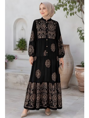 İmaj Butik Siyah Yarım Düğmeli Kol Lastikli Viskon Elbise
