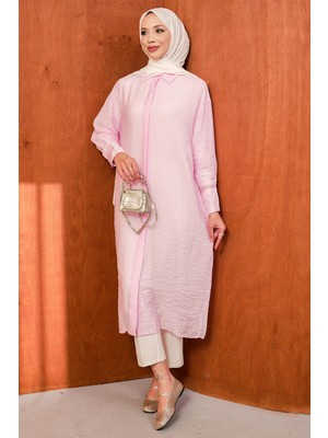 İmaj Butik Pembe Düğmeli Arka Yırtmaçlı Uzun Tunik