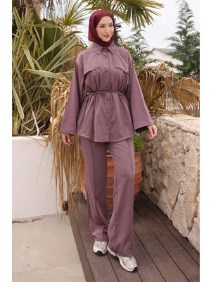 İmaj Butik Mürdüm Bel Bağlamalı Tunik Pantolonlu Takım