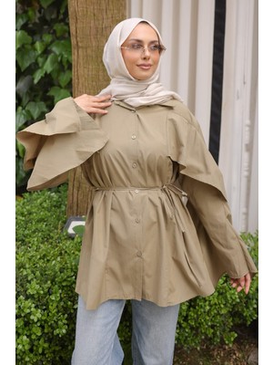 İmaj Butik Haki Kolları Pelerinli Bel Bağlamalı Gömlek