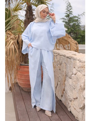 İmaj Butik Bebe Mavi Yarasa Kol Bluz Pantolonlu Müslin Takım