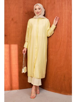 İmaj Butik Sarı Düğmeli Arka Yırtmaçlı Uzun Tunik
