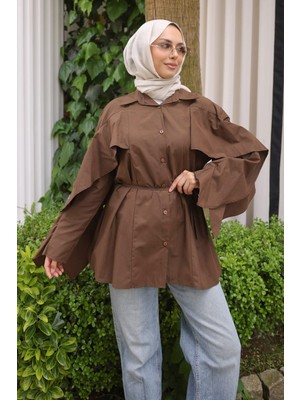 İmaj Butik Kahverengi Kolları Pelerinli Bel Bağlamalı Gömlek