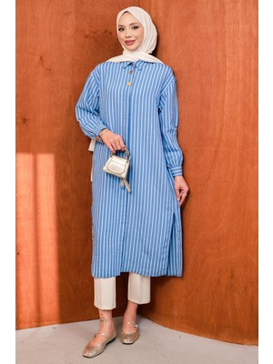 İmaj Butik Mavi Çizgili Yırtmaçlı Uzun Tunik