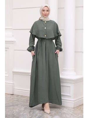 İmaj Butik Haki Kol Lastikli Pelerinli Elbise