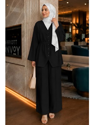 İmaj Butik Siyah Ip Bağlamalı Gömlek Pantolonlu Takım