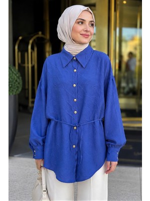 İmaj Butik Indigo Kendinden Desenli Ip Detaylı Gömlek