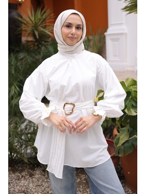 İmaj Butik Ekru Kol Lastikli Kemerli Gömlek
