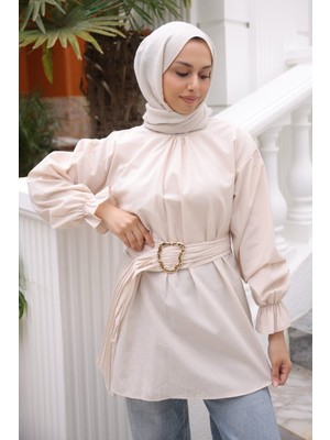 İmaj Butik Bej Kol Lastikli Kemerli Gömlek