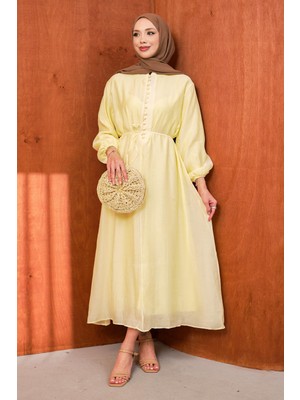 İmaj Butik Sarı Astarlı Düğmeli Bel Bağlamalı Elbise