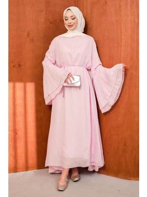 İmaj Butik Pembe Ispanyol Kol Bel Bağlamalı Tül Elbise