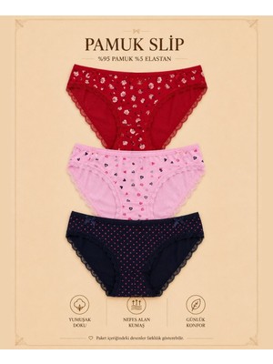 Intive Lingerie Intive Comfort Desenli Kurdele Detaylı Lacivert/pembe/kırmızı 3'lü Slip Set