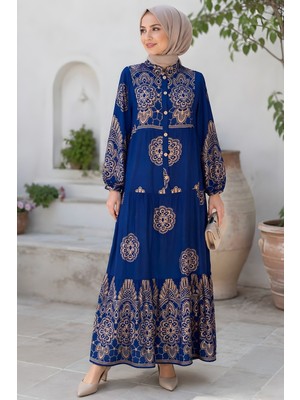 İmaj Butik Lacivert Yarım Düğmeli Kol Lastikli Viskon Elbise