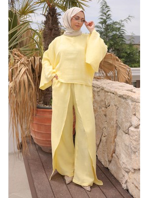 İmaj Butik Sarı Yarasa Kol Bluz Pantolonlu Müslin Takım