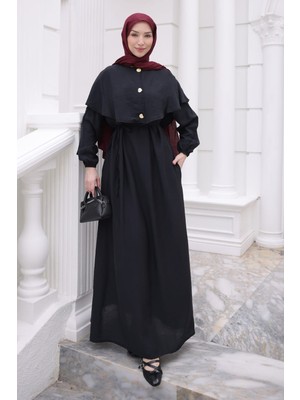 İmaj Butik Siyah Kol Lastikli Pelerinli Elbise