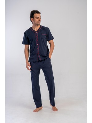 Obje Erkek Lacivert Battal Önden Düğmeli Pijama Takımı