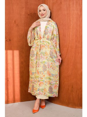 İmaj Butik Yeşil Bel Bağlamalı Desenli Uzun Salaş Kimono